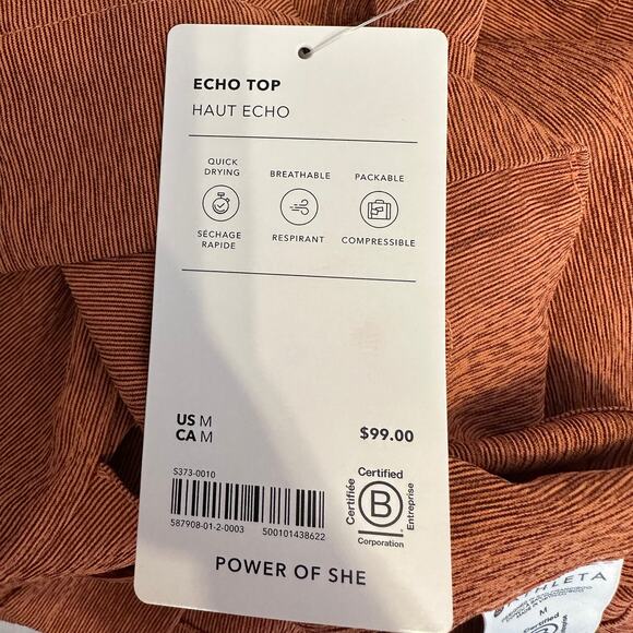 Athleta Echo Top WMNS M Orange Brown Striped Button Up Short Sleeve Breathable - Picture 10 of 10